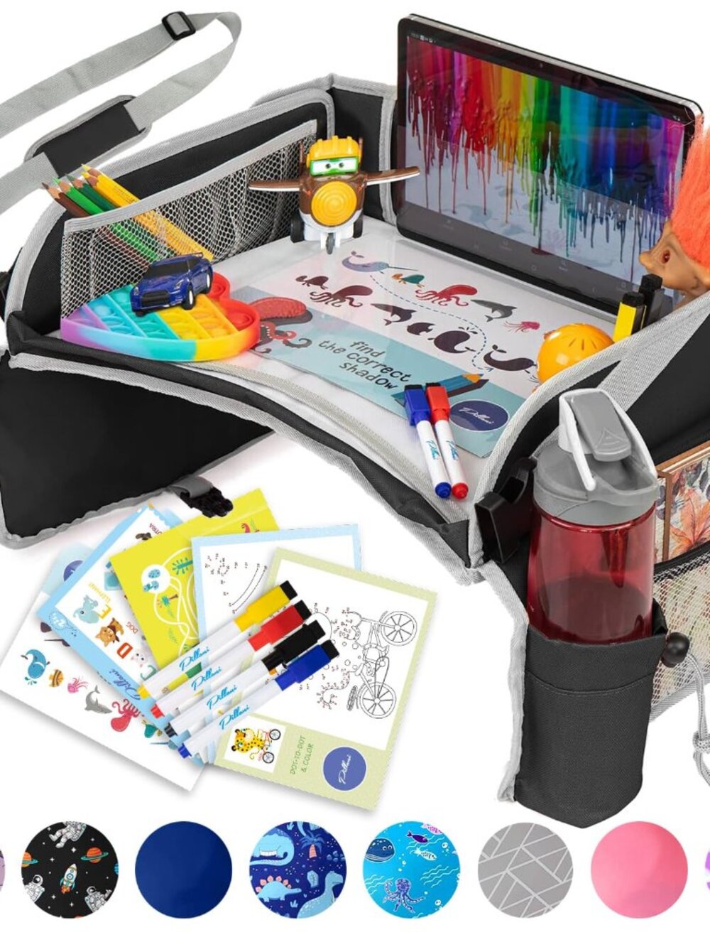 Kids Travel Tray for Car - Car Seat Tray with Activity Sheets & Pens, Road Trip